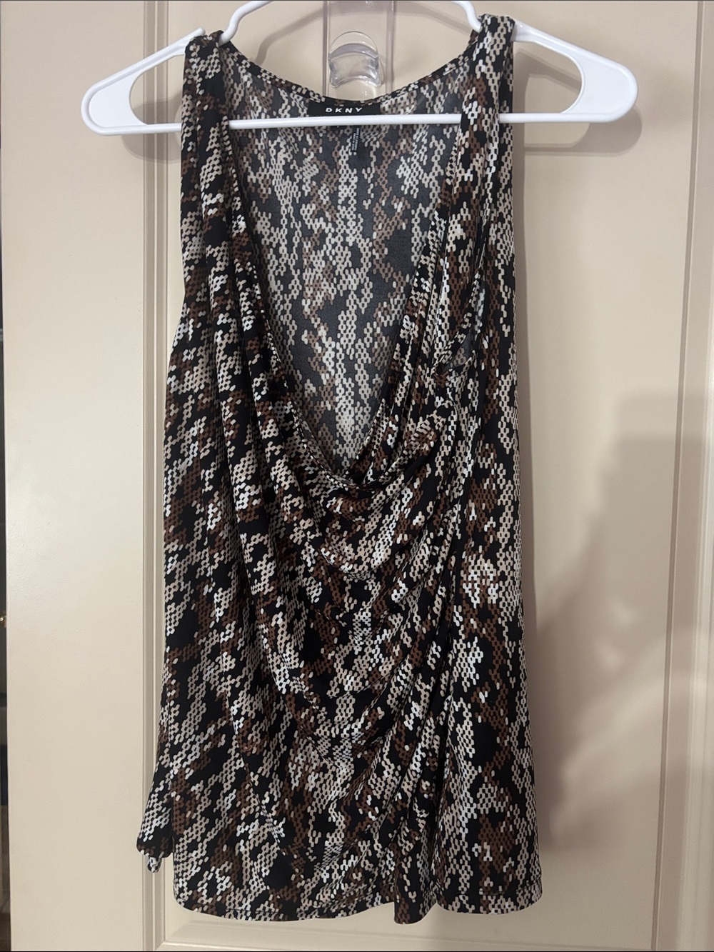 DKNY Brown Black Cream Snake-Print Draped Tank